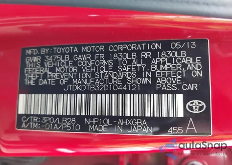 2013 Toyota Prius C Four from USA, damaged, VIN JTDKDTB32D1044121